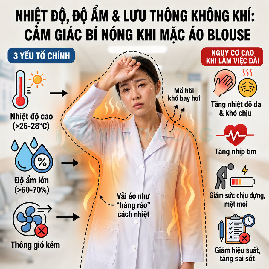 Nhân viên y tế mặc áo blouse trắng đứng trong hành lang bệnh viện, mệt mỏi vì nóng bức và đổ mồ hôi